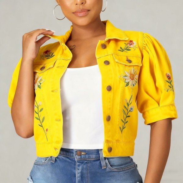 Women's Yellow Cropped Denim Jacket - Short Puff Sleeve Floral-Embroidered Casual Outerwear