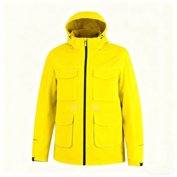 Men's Bright Yellow Hooded Outdoor Jacket - Water-resistant Multi-pocket  Windbreaker