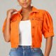 Women's Orange Cropped Denim Jacket - Short Puff Sleeve Button-Front Casual Outerwear