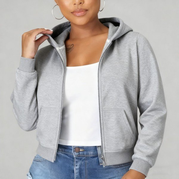 Women's Gray Cropped Hoodie - Full-Zip Casual Loose-Fit Hooded Jacket