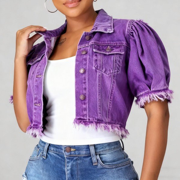 Women's Purple Cropped Denim Jacket - Short Puff Sleeve Fringed Hem Casual Outerwear