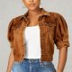 Women's Brown Cropped Corduroy Jacket - Short Puff Sleeve Button-Front Casual Outerwear