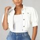 Women's White Cropped Denim Jacket - Short Puff Sleeve Button-Front Casual Outerwear