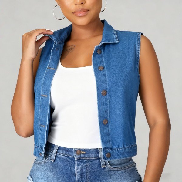 Women's Blue Cropped Denim Vest - Sleeveless Button-Front Casual Waistcoat