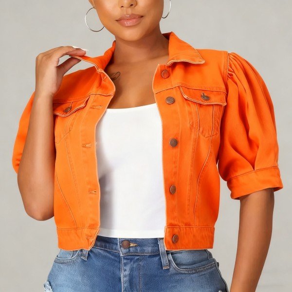Women's Orange Cropped Denim Jacket - Short Puff Sleeve Button-Front Casual Outerwear