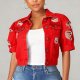 Women's Red Distressed Cropped Denim Jacket - Short Puff Sleeve Ripped Casual Outerwear