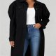 Women's Black Denim Trench Coat - Puff Sleeve Loose Long Casual Jacket