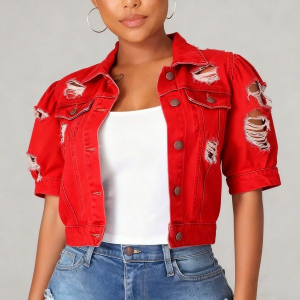 Women's Red Distressed Cropped Denim Jacket - Short Puff Sleeve Ripped Casual Outerwear